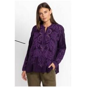 Johnny Was Boho Chic Elida Blouse XL cutout embroidered Floral Purple Whimsigoth